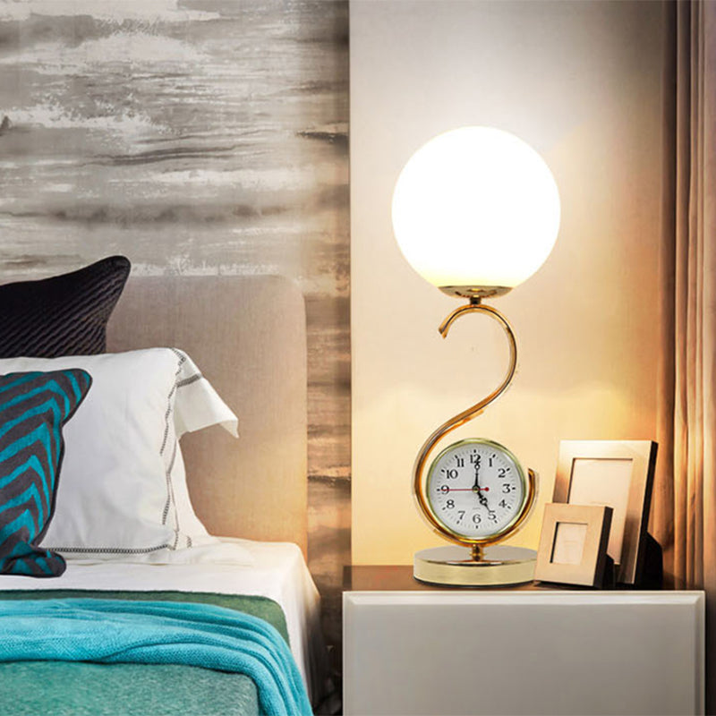 White Glass Ball Nightstand Lamp Modern 1-Light Table Light with S-shaped Base and Clock