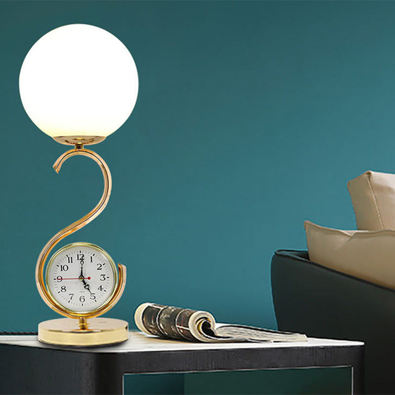 White Glass Ball Nightstand Lamp Modern 1-Light Table Light with S-shaped Base and Clock
