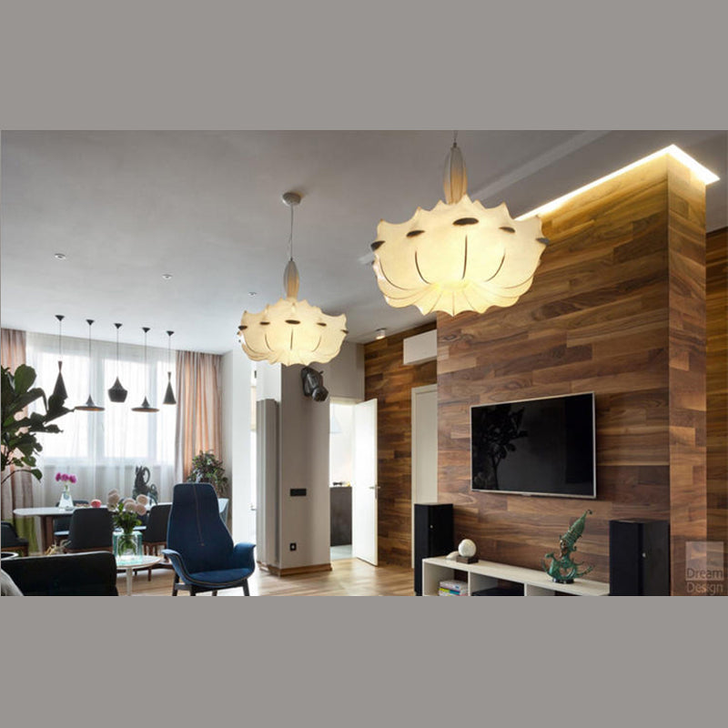 White Geometric Silk Pendant Light Nordic Modern Down Lighting for Living Room