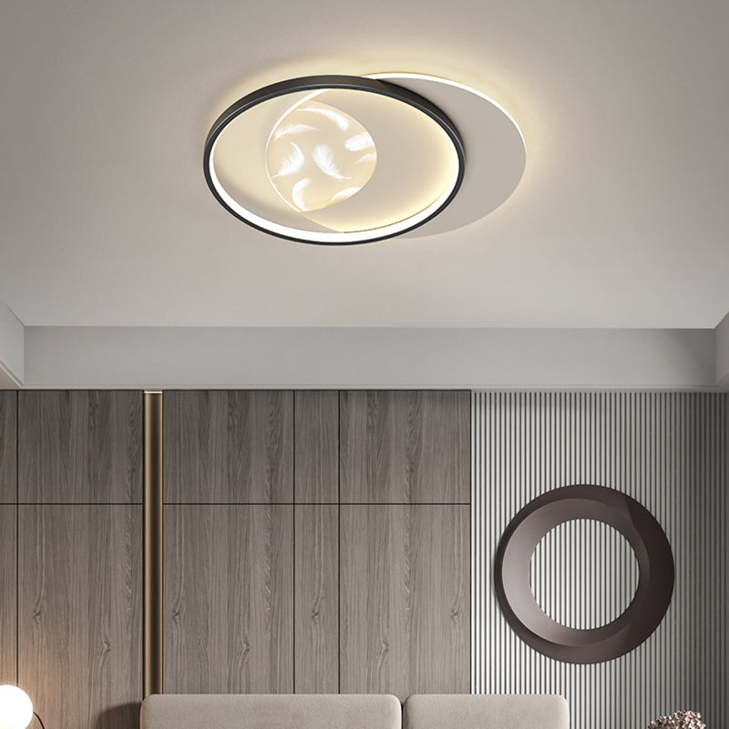 Modern Creative Circular LED Ceiling Light Wrought Iron Feather Flush Mount with Acrylic Shade