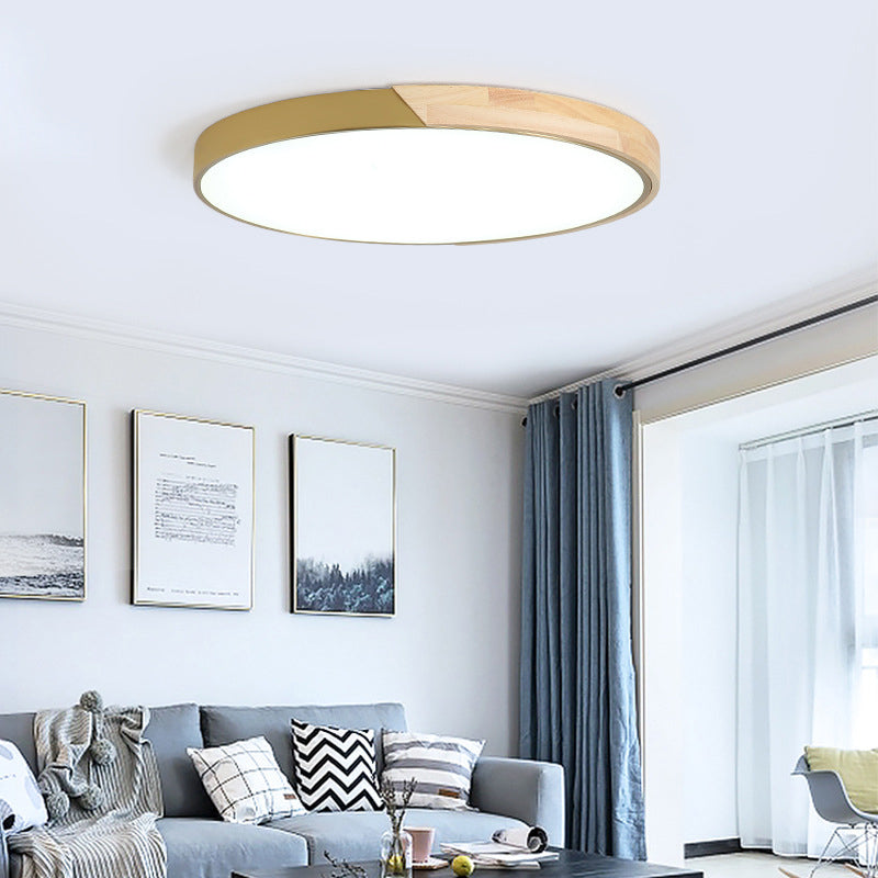 Contemporary Circle Flushmount Lighting Wood Living Room Beige LED Flush Ceiling Light Fixture in White/Warm/Natural Light, 11"/15"/19" Dia