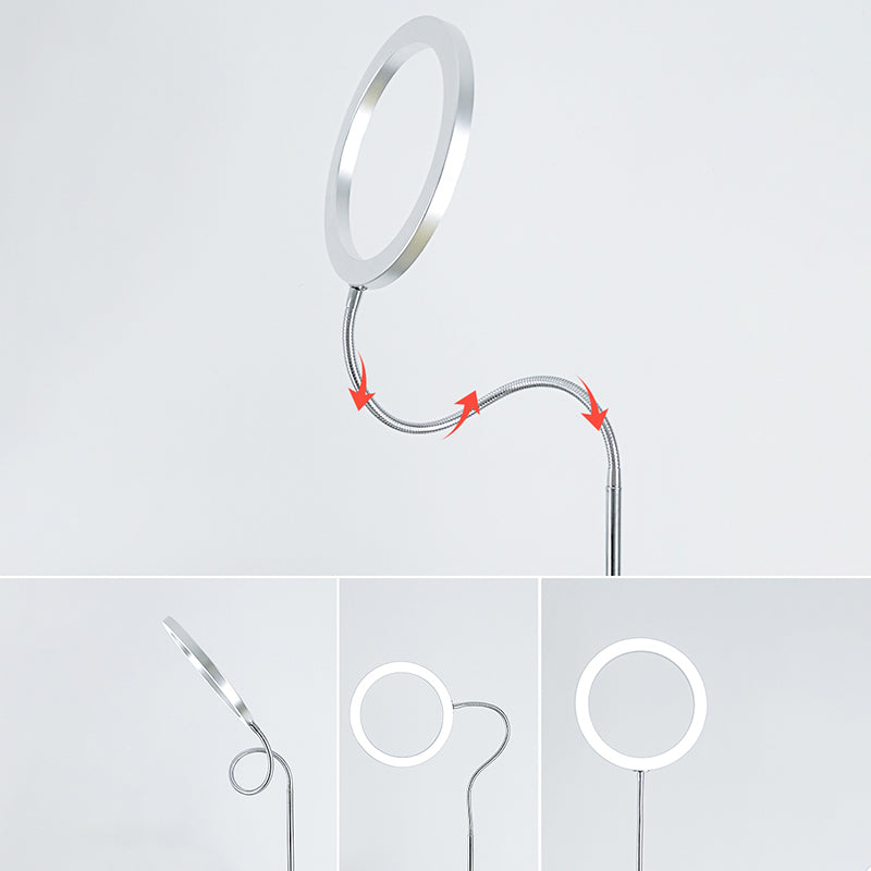 Silver Ring Shade Floor Light Simple Style Metal LED Flexible Stand Up Lamp for Bedroom