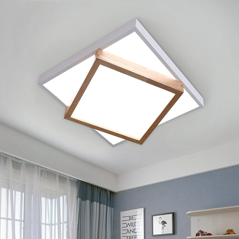 White/Grey 2-Tier Square Flush Lamp Modernism Wood LED Ceiling Flush Mount Light for Living Room in White/Warm Light