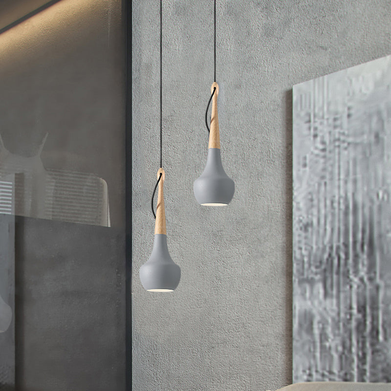 1 Light Bedside Pendant Light Contemporary Grey Down Lighting with Gourd Metal Shade