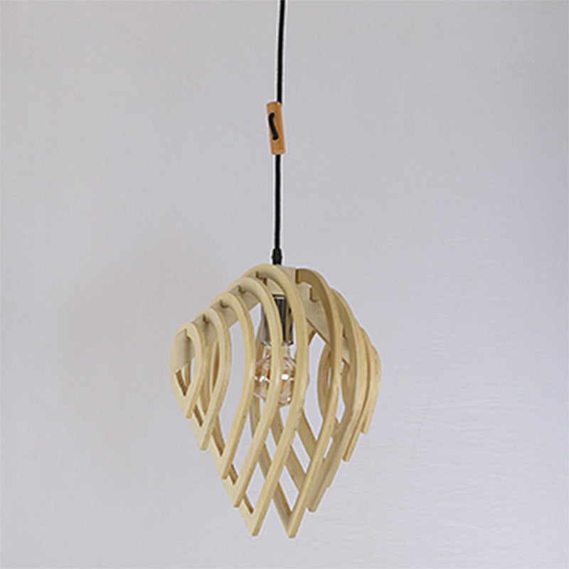 1 Bulb Bedroom Ceiling Lighting Asian Beige Hanging Light Fixture with Laser Cut Wood Shade