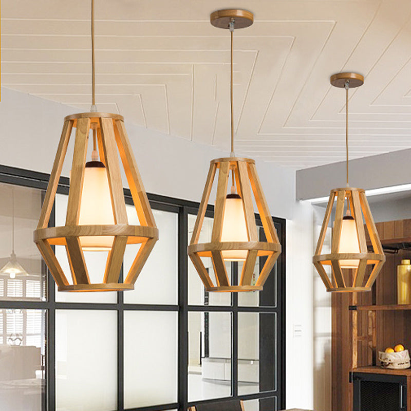 Asian Cage Pendant Light Wood 1 Bulb Suspended Lighting Fixuture in Beige with Inner Cylinder White Shade