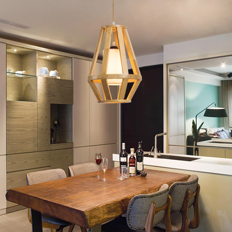 Asian Cage Pendant Light Wood 1 Bulb Suspended Lighting Fixuture in Beige with Inner Cylinder White Shade
