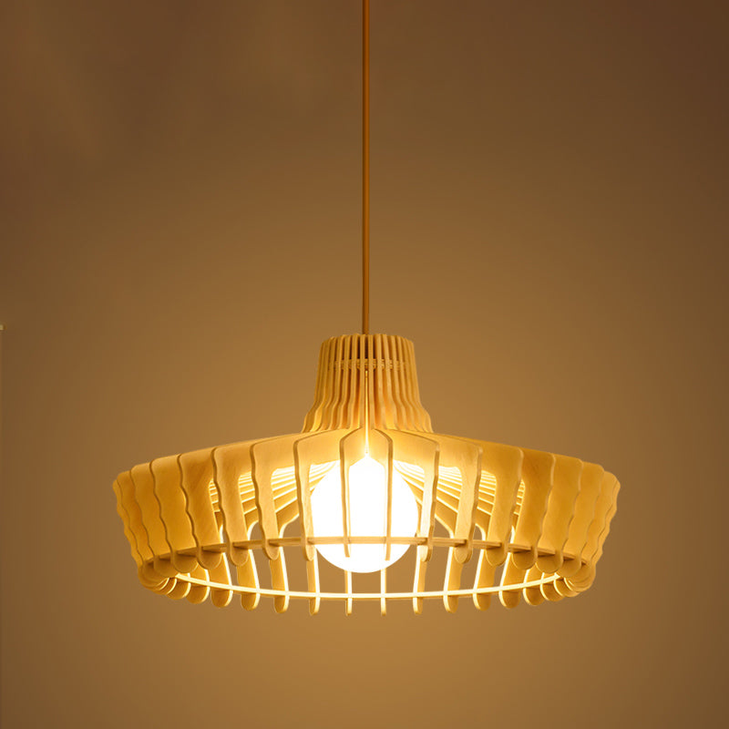 South-East Asia Hat Hanging Lamp Wood 1 Bulb Ceiling Pendant Light in Beige for Restaurant