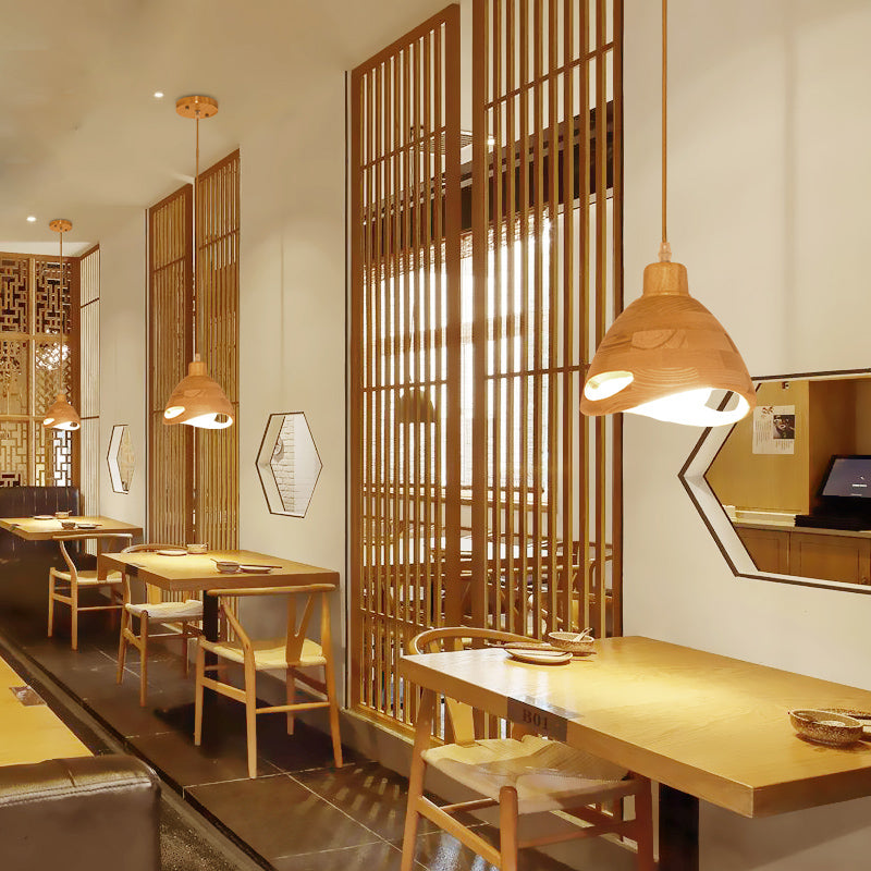 Zeitgenössischer 1 Head Pendant Lighting Beige Flared Hanging Leuchte mit Holzschatten