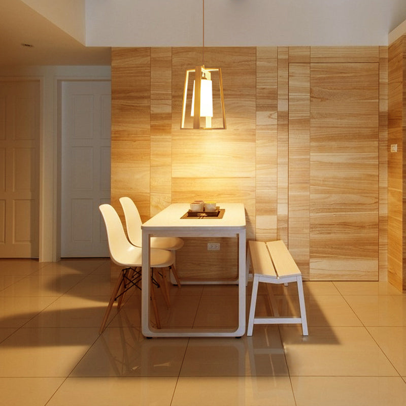 Trapezoid Pendant Light Asia Wood 10"/11" Wide 1 Head Beige Ceiling Suspension Lamp with Cylindrical Fabric Shade