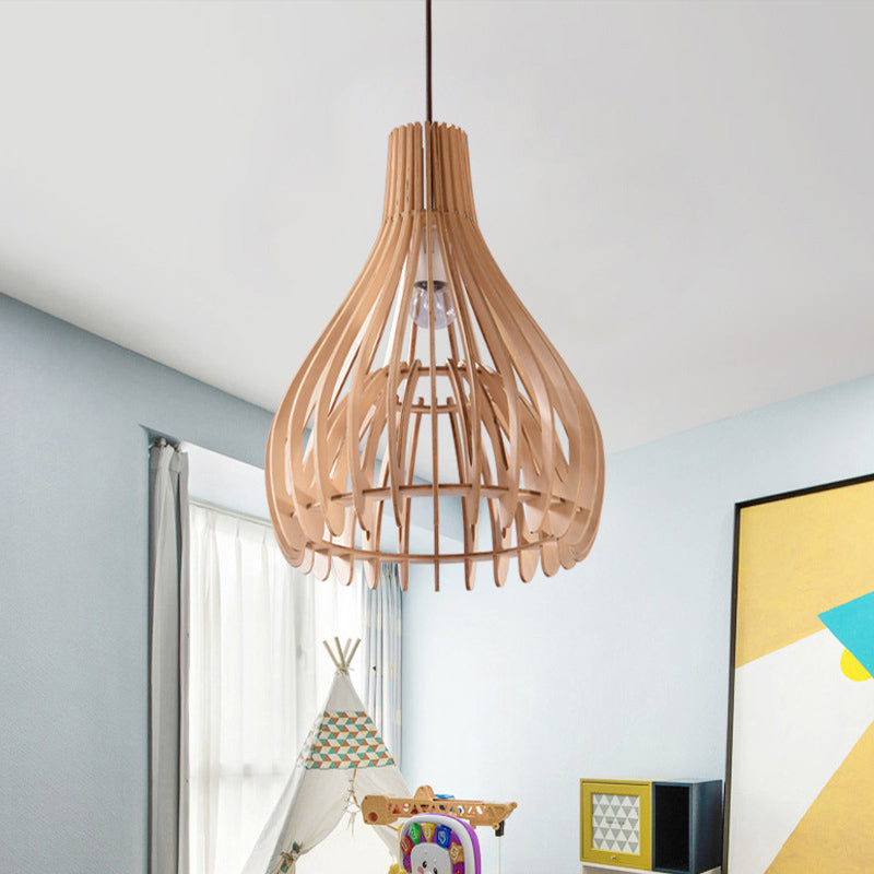 Chinese Pear-Shaped Pendant Lighting Wood 1 Head Ceiling Hanging Light in Beige