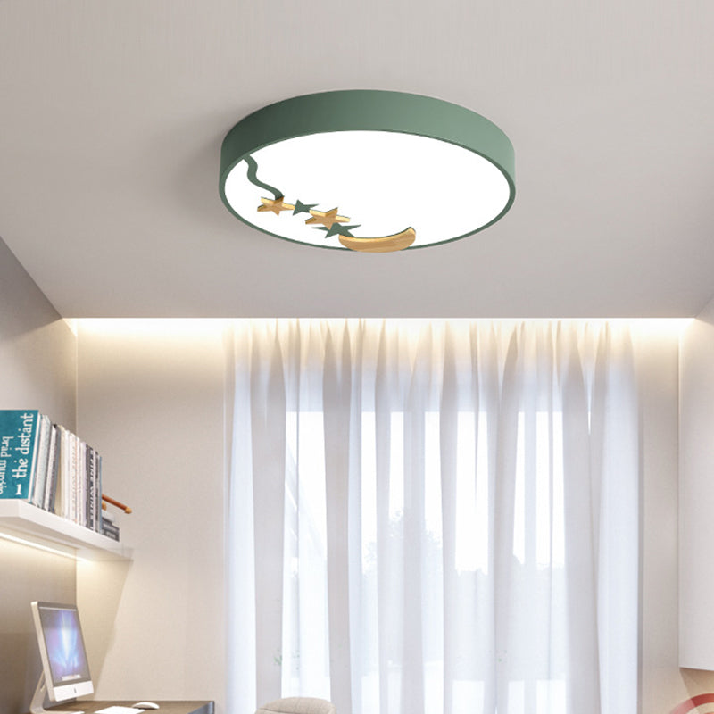 Round Metal Flush Lighting Contemporary Grey/White/Green 12"/16"/19.5" Dia LED Close to Ceiling Lamp with Wooden Moon and Star Decoration in White/Warm Light