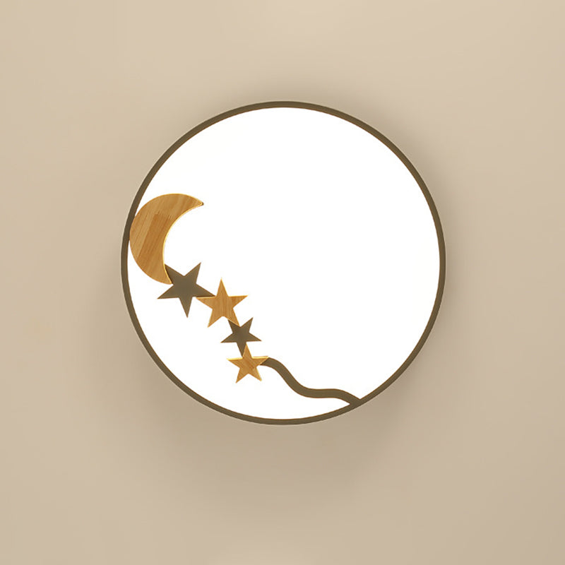 Round Metal Flush Lighting Contemporary Grey/White/Green 12"/16"/19.5" Dia LED Close to Ceiling Lamp with Wooden Moon and Star Decoration in White/Warm Light