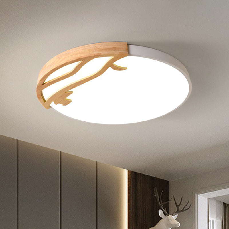 White Circular Flush Mount Lighting Modernism LED Wood Ceiling Mount Light Fixture with Acrylic Diffuser in White/Warm Light, 16"/19.5" Dia