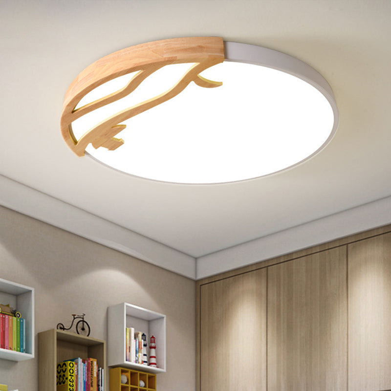 White Circular Flush Mount Lighting Modernism LED Wood Ceiling Mount Light Fixture with Acrylic Diffuser in White/Warm Light, 16"/19.5" Dia