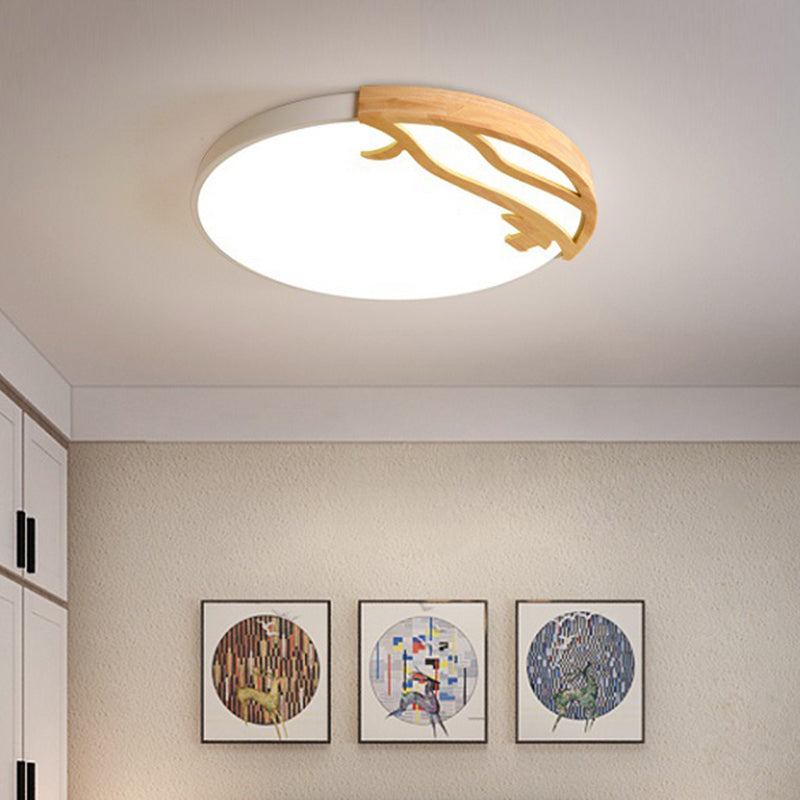White Circular Flush Mount Lighting Modernism LED Wood Ceiling Mount Light Fixture with Acrylic Diffuser in White/Warm Light, 16"/19.5" Dia