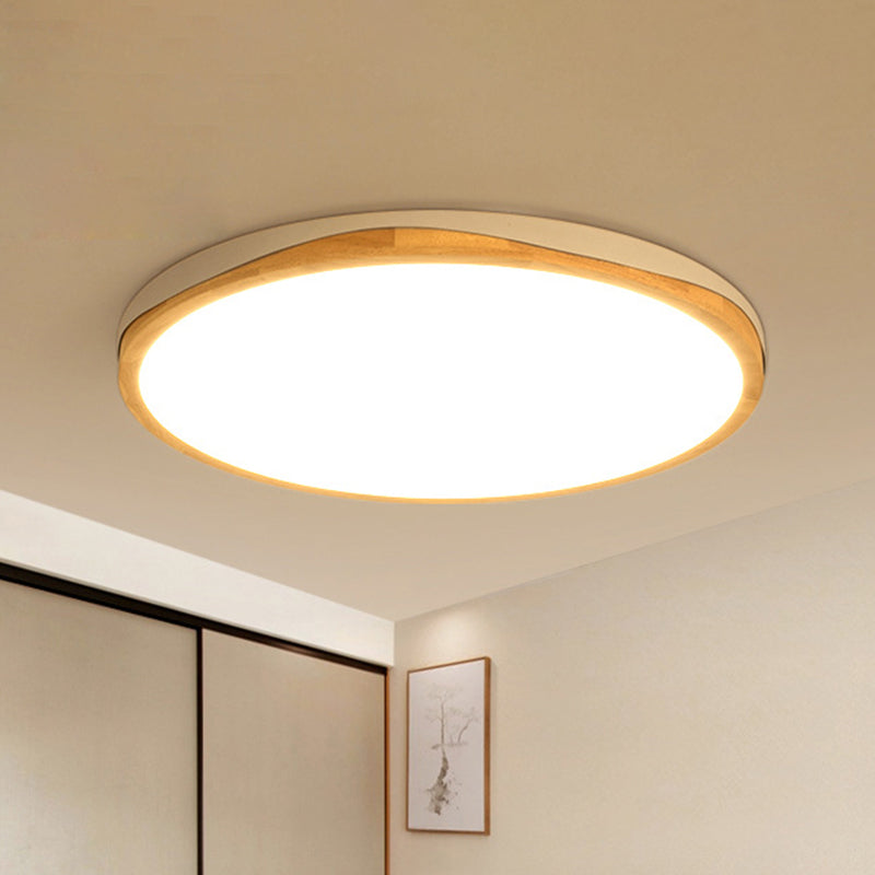 Round Flush-Mount Light Fixture Modern Wood 14"/18"/21.5" Wide LED White Close to Ceiling Lighting, White/Warm Light