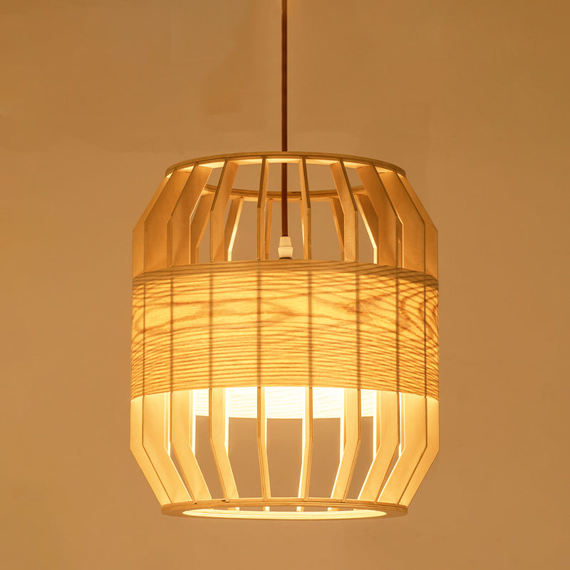 Barrel Ceiling Lamp Chinese Wood 1 Head Beige Hanging Light Fixture for Living Room, 9"/13" Wide