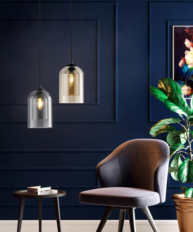 Wrought Iron Single Pendant Light in Modern Simplicity Glass Cylindrical Hanging Light for Bedroom