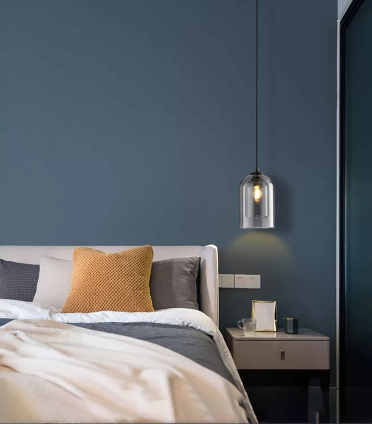 Wrought Iron Single Pendant Light in Modern Simplicity Glass Cylindrical Hanging Light for Bedroom