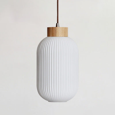 White Wooden Pendant Light in Modern Concise Style Glass Drum Hanging Light for Dining Room