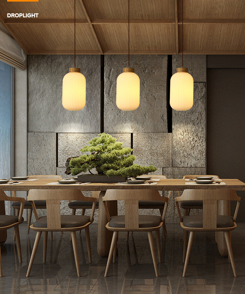 White Wooden Pendant Light in Modern Concise Style Glass Drum Hanging Light for Dining Room