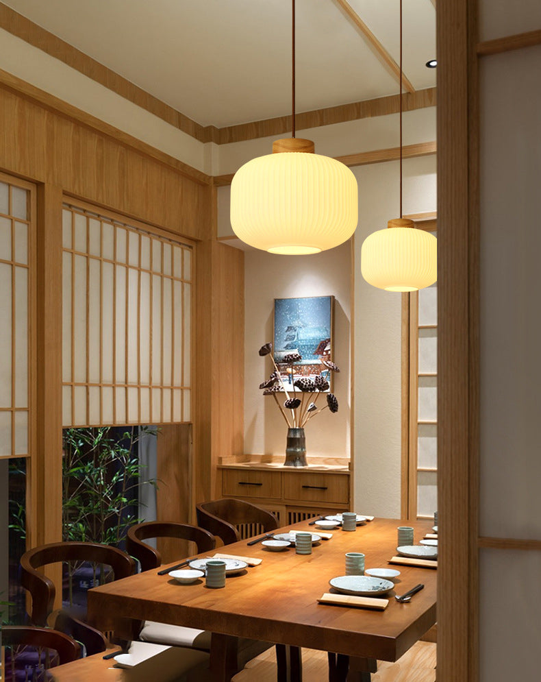 White Wooden Pendant Light in Modern Concise Style Glass Drum Hanging Light for Dining Room