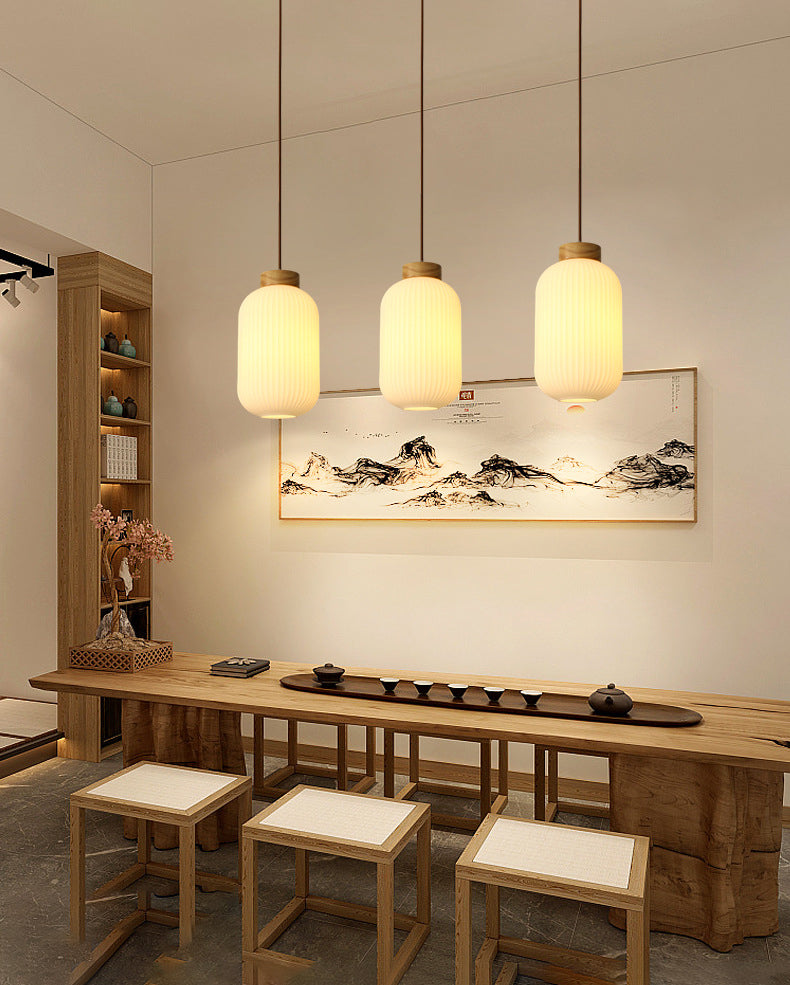 White Wooden Pendant Light in Modern Concise Style Glass Drum Hanging Light for Dining Room