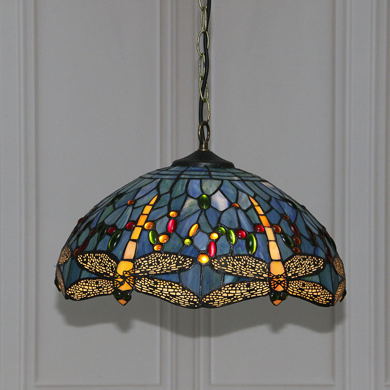 Stained Glass Domed Hanging Ceiling Light Tiffany Style Blue Pendant Lighting Fixture