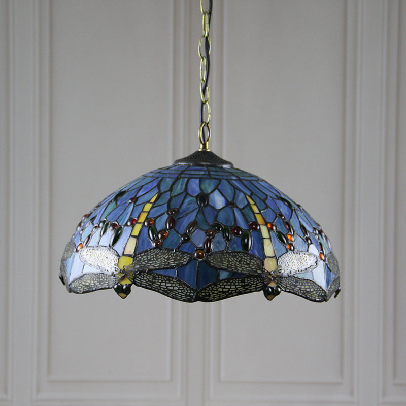 Stained Glass Domed Hanging Ceiling Light Tiffany Style Blue Pendant Lighting Fixture