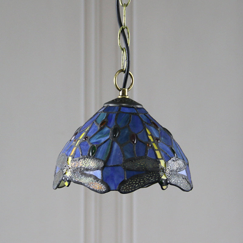 Stained Glass Domed Hanging Ceiling Light Tiffany Style Blue Pendant Lighting Fixture
