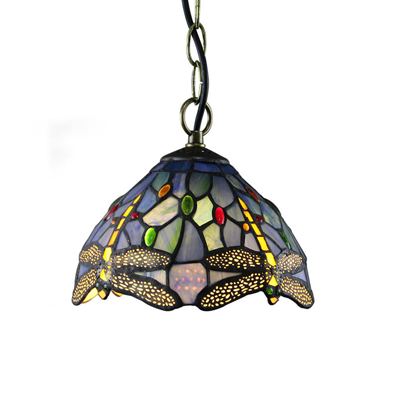 Stained Glass Domed Hanging Ceiling Light Tiffany Style Blue Pendant Lighting Fixture