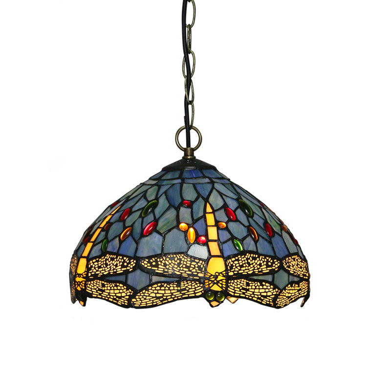 Stained Glass Domed Hanging Ceiling Light Tiffany Style Blue Pendant Lighting Fixture