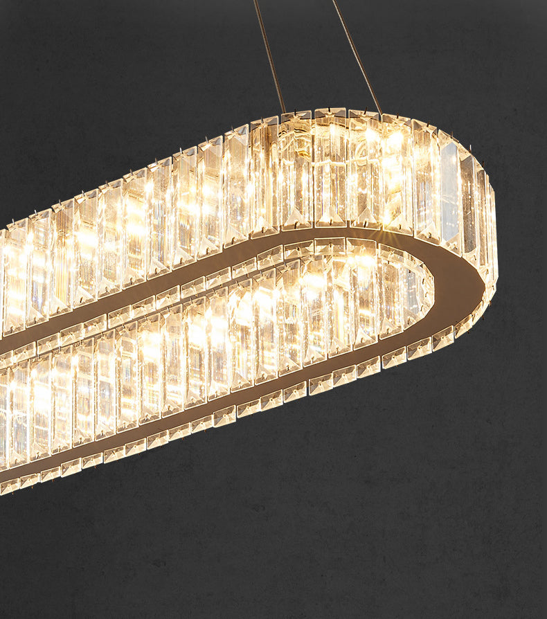 Luz de la isla LED cromada ovalada en la moderna lámpara colgante de acero inoxidable de estilo de lujo con sombra de cristal