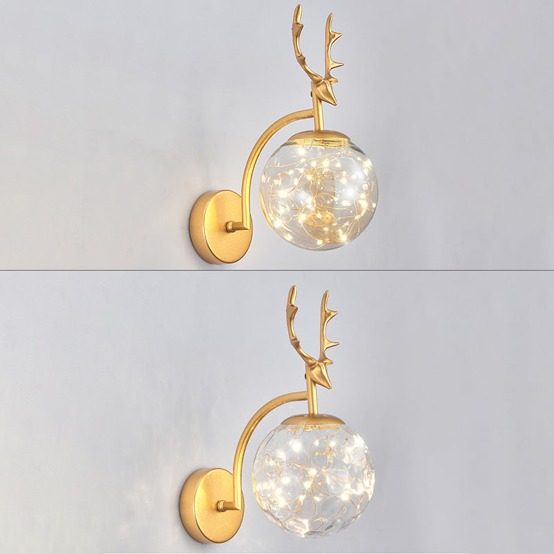 Glass Globe LED Wall Lamp in Modern Fashionable Wrought Iron Wall Sconce with Antler Decoration