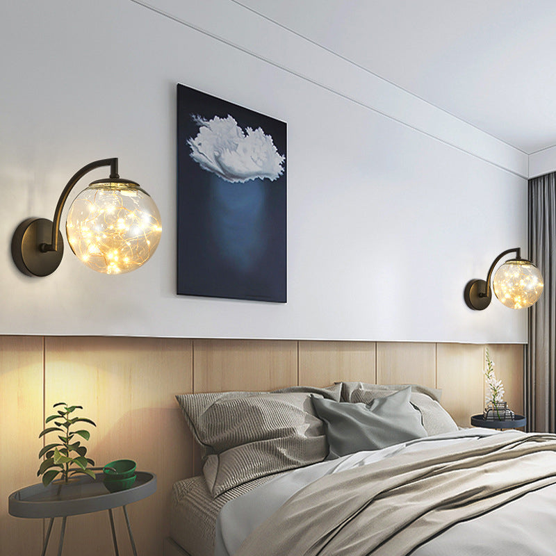 Modern Luxury LED Wall Sconce Wrought Iron Globe Wall Lamp with Glass Shade