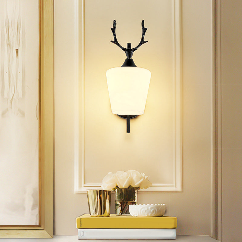 Modern Creative Antler Wall Lamp Wrought Iron Wall Sconce with White Glass Shade
