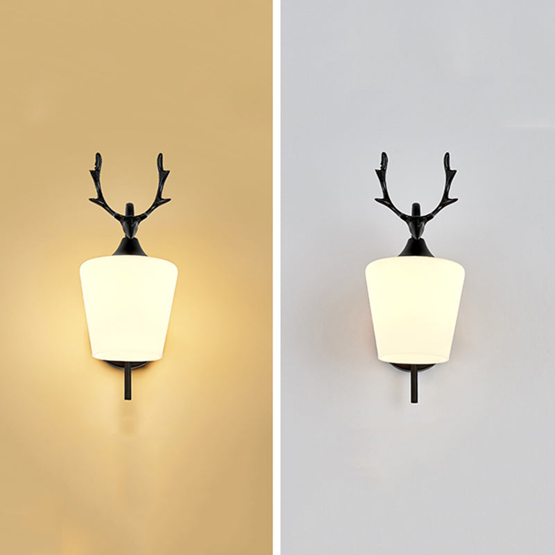 Modern Creative Antler Wall Lamp Wrought Iron Wall Sconce with White Glass Shade
