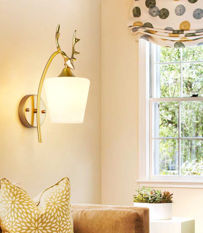 Modern Creative Antler Wall Lamp Wrought Iron Wall Sconce with White Glass Shade