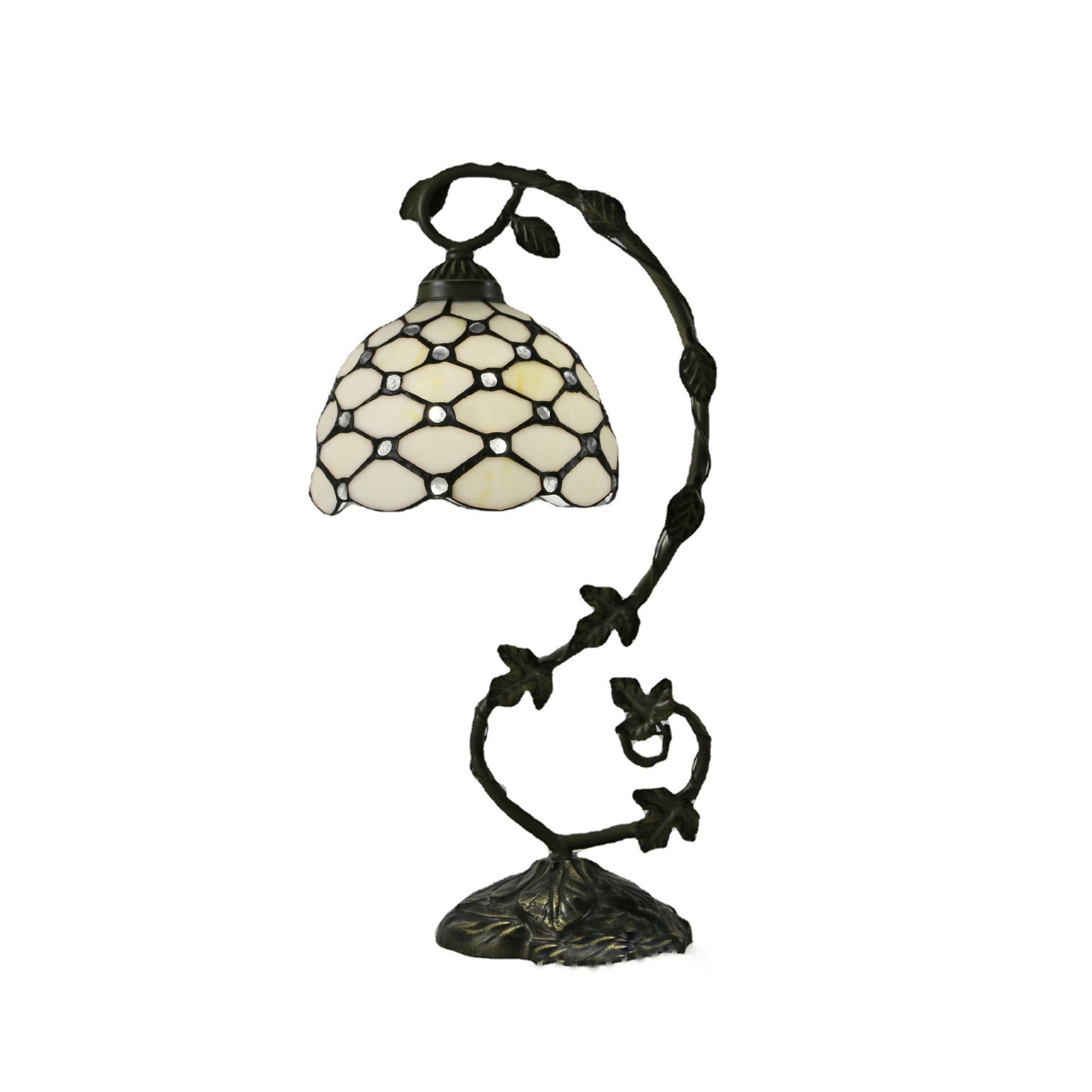 Lampe de table à col de cygne en bronze patiné, vitrail traditionnel, 1 ampoule, veilleuse de chambre à coucher