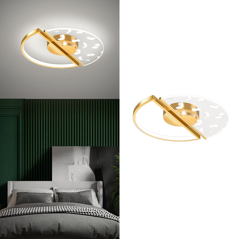 Gold Feather LED Flush Mount in Modern Creative Style Iron Circular Ceiling Light with Acrylic Shade