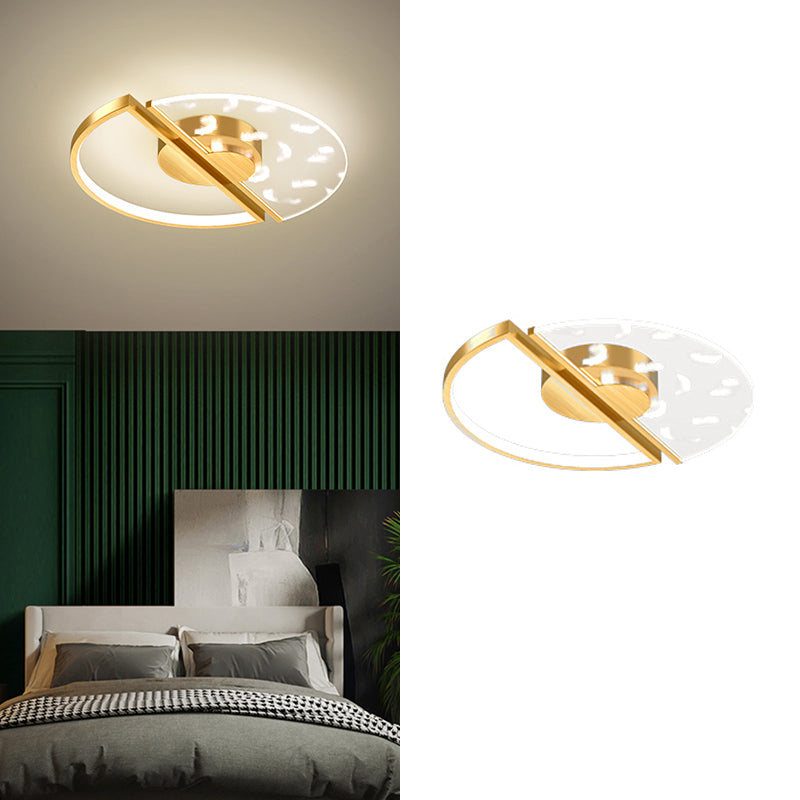 Gold Feather LED Flush Mount in Modern Creative Style Iron Circular Ceiling Light with Acrylic Shade