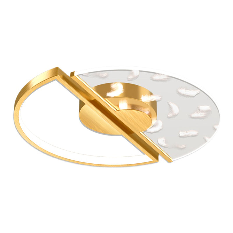 Gold Feather LED Flush Mount in Modern Creative Style Iron Circular Ceiling Light with Acrylic Shade