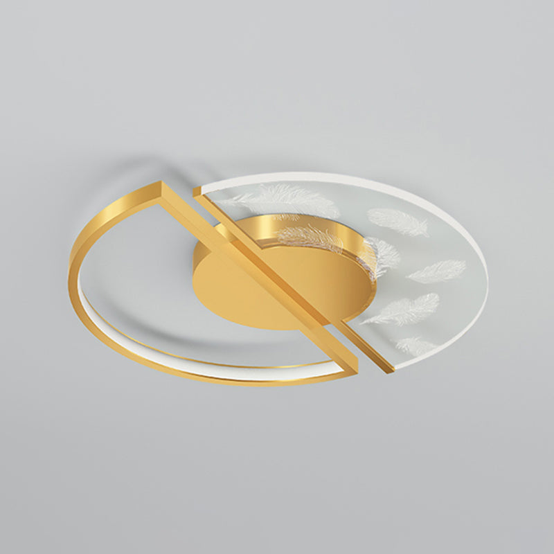 Gold Feather LED Flush Mount in Modern Creative Style Iron Circular Ceiling Light with Acrylic Shade