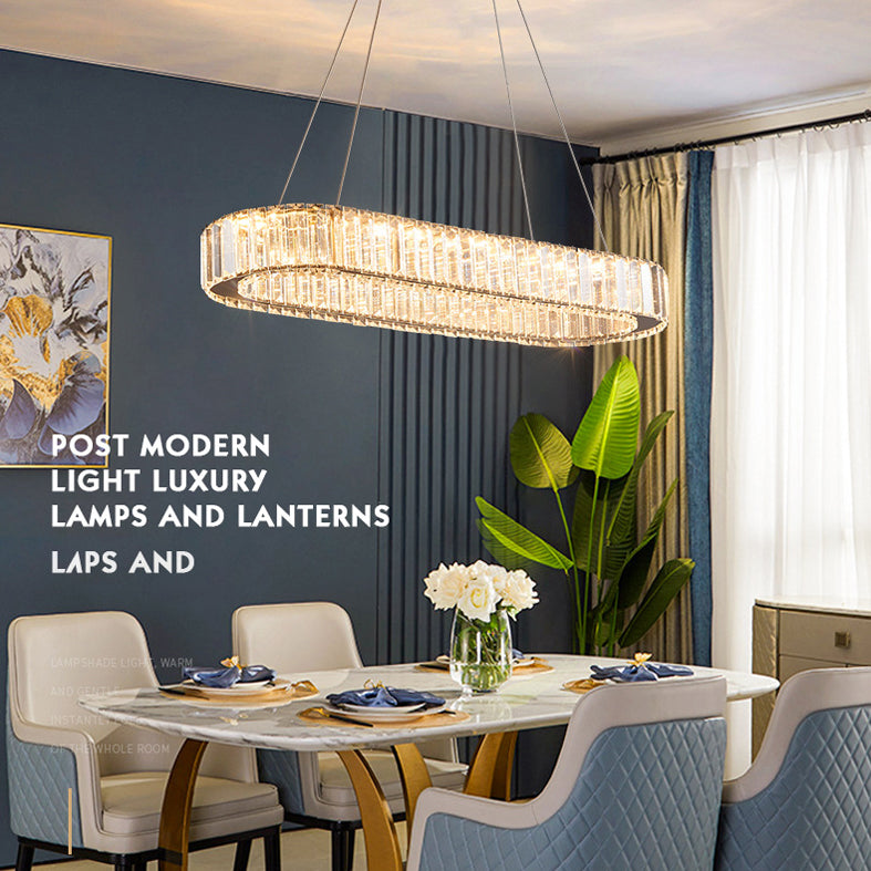 Luz de la isla LED cromada ovalada en la moderna lámpara colgante de acero inoxidable de estilo de lujo con sombra de cristal