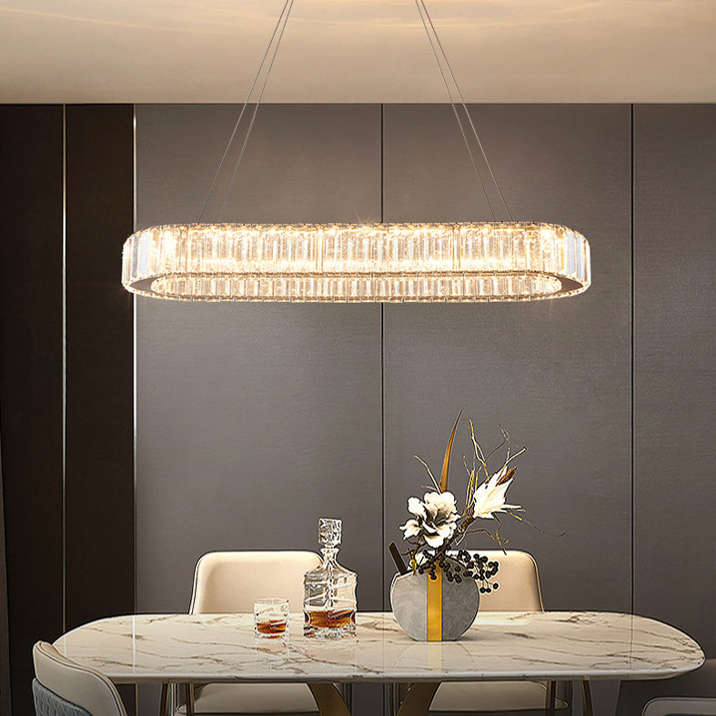 Luz de la isla LED cromada ovalada en la moderna lámpara colgante de acero inoxidable de estilo de lujo con sombra de cristal