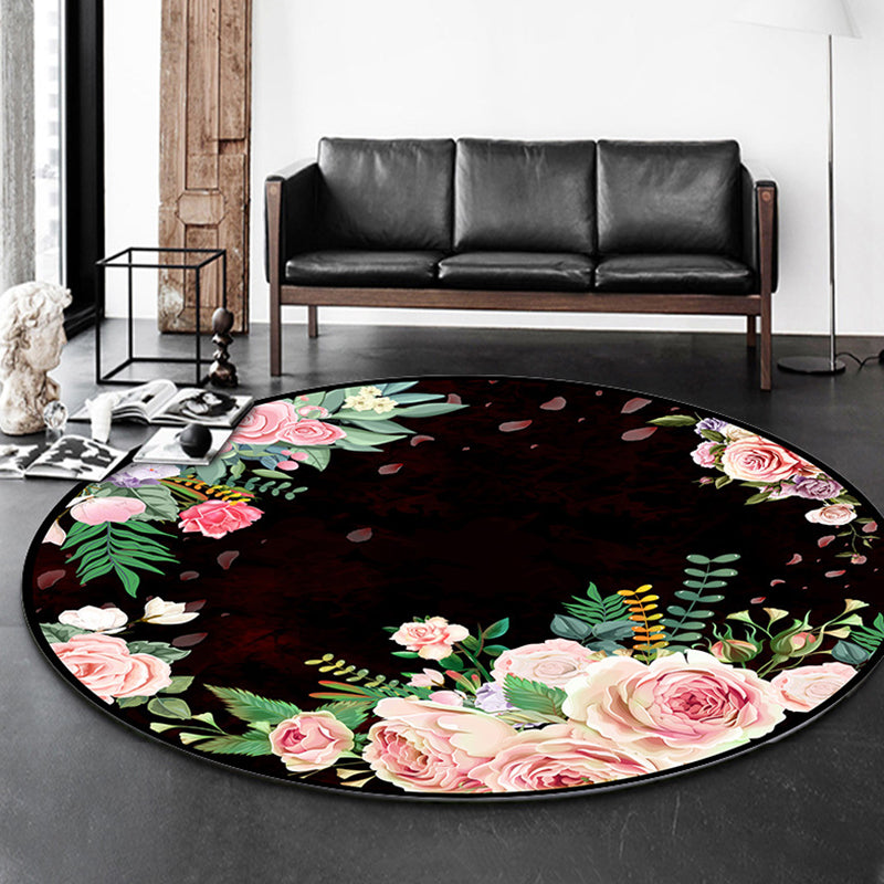 Multicolored Floral Printed Rug Contemporary Round Carpet Anti-Slip Backing Rug for Living Room