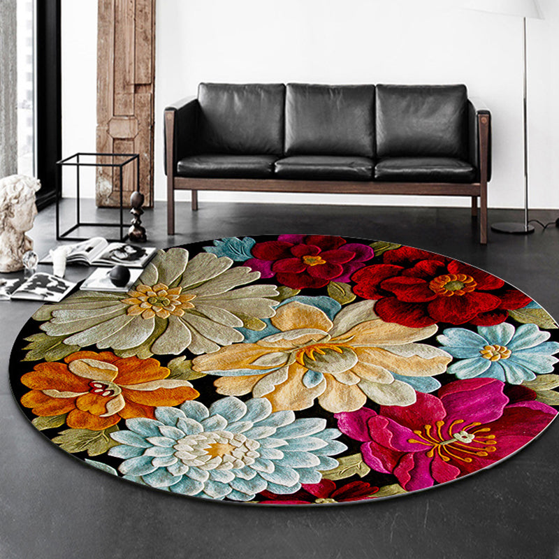Multicolored Floral Printed Rug Contemporary Round Carpet Anti-Slip Backing Rug for Living Room