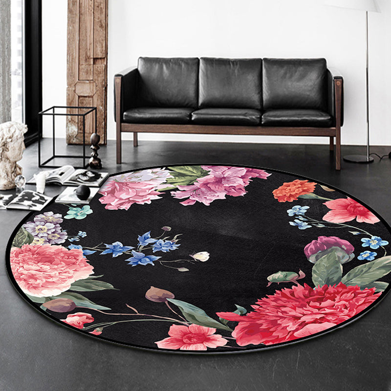 Multicolored Floral Printed Rug Contemporary Round Carpet Anti-Slip Backing Rug for Living Room