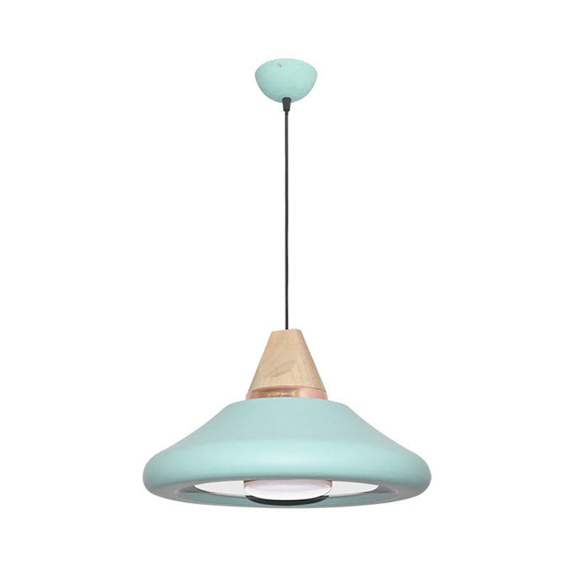 Macaron Wide Flare Down Lighting Metal 1 Bulb Pendant Light Fixture in Blue/Green with Wood Cap